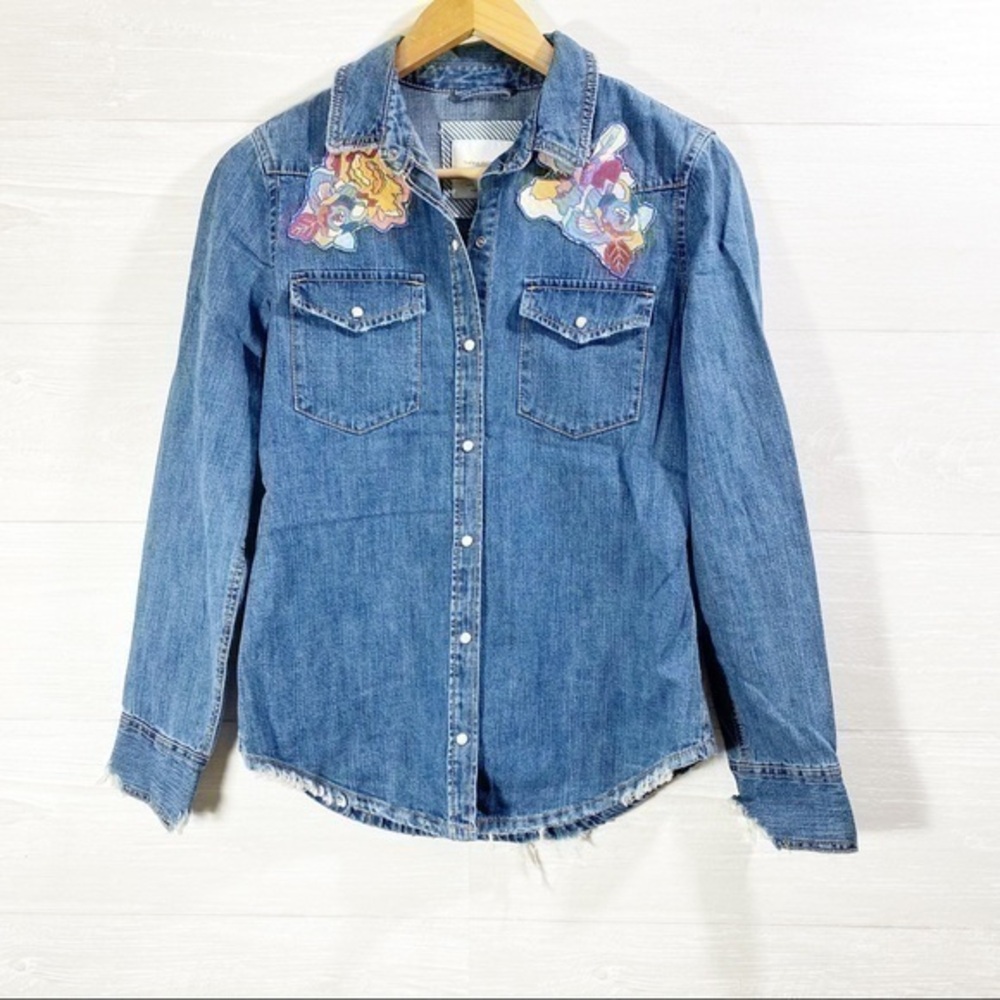 Zara Trafaluc Denim Floral Western Button Up Size S